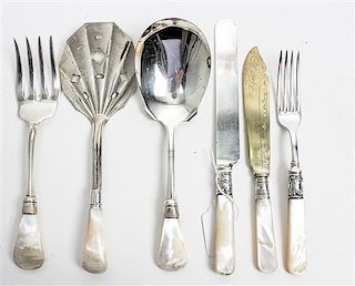 * An Assembled Silver-Plate and Mother-of-Pearl Handled Dessert Service, , comprising two sets of six dessert knives, six fru