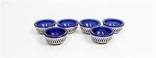 * A Set of Six American Silver and Glass-Inset Salts, Webster Co., North Attleboro, MA, the reticulated silver lining with a 