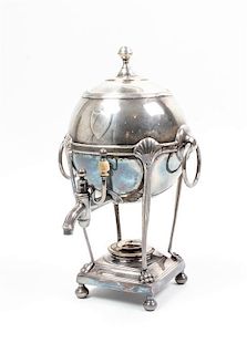 * An English Silver-Plate and Silver Mounted Tea Urn, , the globular body with an applied silver shield cartouche marked for 
