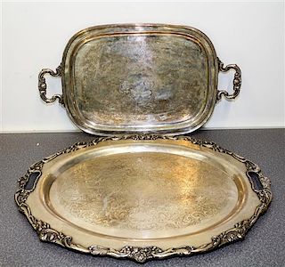 Two American Silver-Plate Serving Trays Width of wider over handles 27 inches.