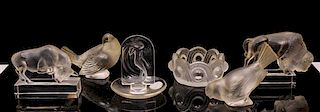 Six Lalique Molded and Frosted Glass Articles Height of tallest 4 inches.