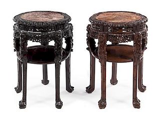 * Two Chinese Marble Inset Hardwood Stands Height 32 x diameter 21 inches.