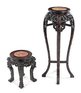 * Two Chinese Marble Inset Hardwood Jardiniere Stands Height of taller example 35 5/8 inches.