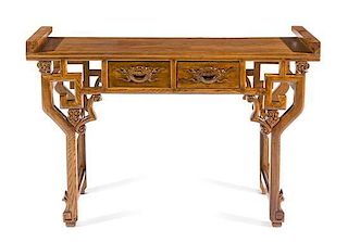 A Hardwood Altar Table Height 33 1/2 x length 51 x width 15 1/2 inches.
