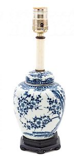 A Blue and White Porcelain Ginger Jar Height overall 13 inches.