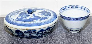 A Chinese Export Porcelain Blue and White Oval Small Dish and Cover Width of first 5 inches.