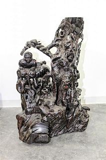 * A Japanese Carved Wood Figural Group Height 41 inches.