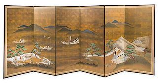 * A Pair of Six-Panel Folding Screens Height 61 x width of each panel 24 inches.