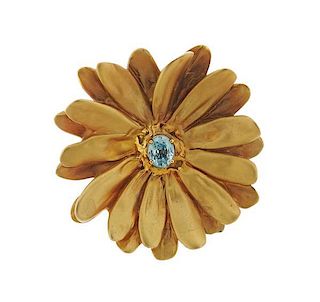 14K Gold Blue Gemstone Flower Brooch Pendant