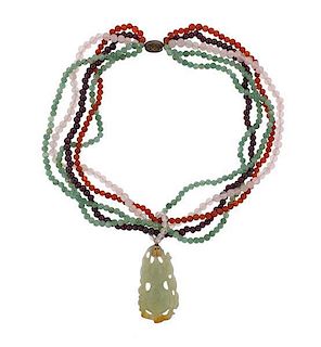 Multi Color Carved Jade Multi Gem Bead Silver Necklace