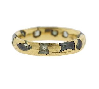 English 18K Gold Green Gemstone Band Ring