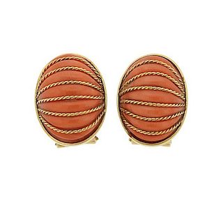 18K Gold Coral Oval Earrings