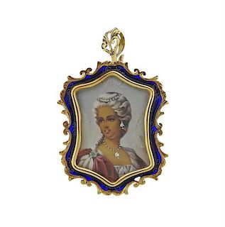 Gold Diamond Enamel Miniature Portrait Brooch Pendant