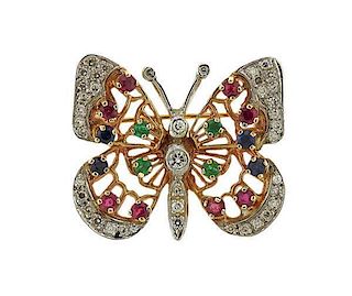 14K Gold Diamond Color Stone Butterfly Brooch Pin