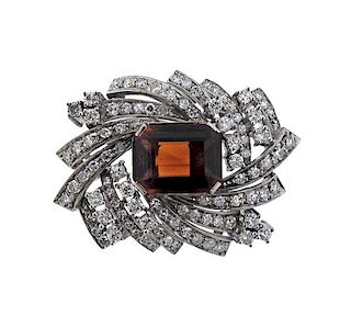 Platinum 5.85ct Orange Garnet Diamond Brooch Pendant