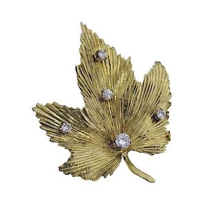 18k Gold Diamond Leaf Brooch Pin