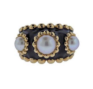 Chanel 18k Gold Pearl Black Enamel Ring