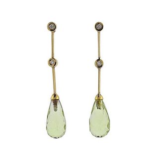 18K Gold Green Stone Diamond Drop Earrings