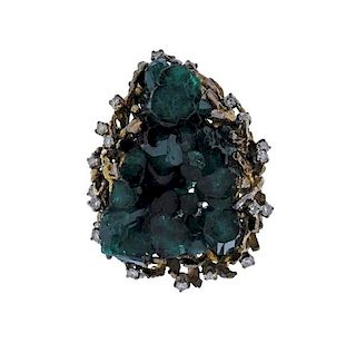 1970s 18k Gold Chatham Emerald Diamond  Ring