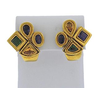 18K Gold Multi Color Gemstone Earrings