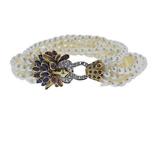 14K Gold Diamond Gemstone Pearl 10 Strand Bracelet