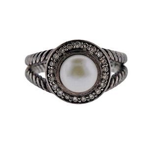 David Yurman Sterling Silver Diamond Pearl Ring