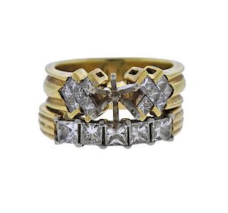 18K Gold Platinum Diamond Engagement Wedding Band Ring Set