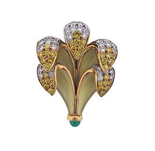 18k Gold Diamond Emerald Enamel Brooch Pin
