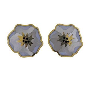Tiffany &amp; Co 18k Gold MOP Onyx Inlay Flower Earrings