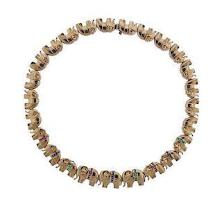 14k Gold Diamond Emerald Sapphire Ruby Elephant Necklace