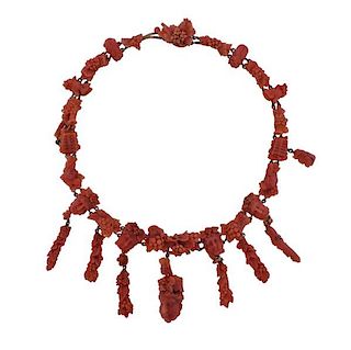 Antique Carved Coral 14k Gold Necklace