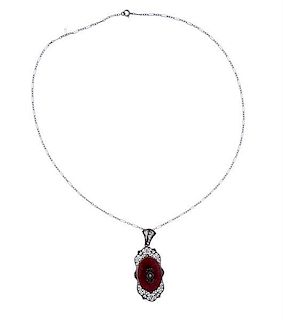 Art Deco 14k Gold Diamond Carnelian Pendant Necklace