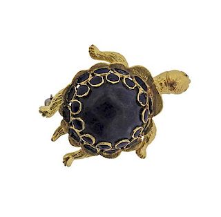 18k Gold Sodalite Enamel Turtle Brooch