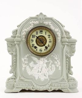 19th C Jasperware Mantle Clock Gilbert Clock Co