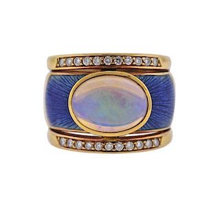 18k Gold Diamond Opal Enamel Ring