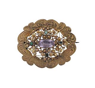 Antique 14k Gold Pink Green Stone Brooch