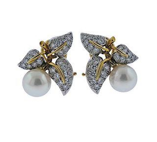Tiffany &amp; Co Schlumberger Platinum Gold Diamond Pearl Earrings