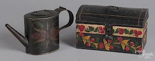 Black toleware teapot and dome lid box, 19th c.