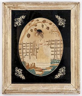 English embroidery of a shepherdess, ca. 1800