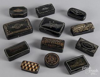 Twelve black lacquer snuff boxes, 19th c.