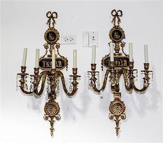 A Pair of Neoclassical Gilt Bronze Four Light Sconces Height 36 1/2 inches.