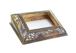A Tiffany Studios Bronze and Favrile Glass Calendar Frame, Width 4 5/8 inches.