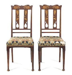 A Pair of English Marquetry Side Chairs, Liberty & Co., Height 38 1/2 inches.