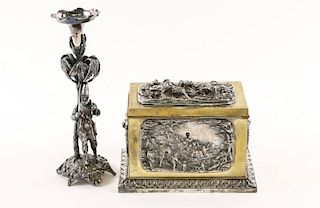 Brass Tea Caddy w/ Relief & Figural Candlestick