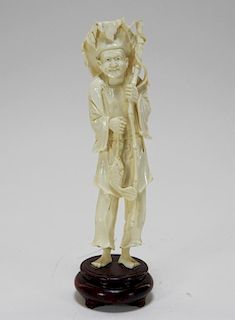 Chinese Carved Ivory Fisherman Figure w/ Lotus Hat