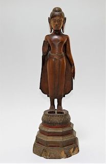 19C. Chinese Thai Carved Wood Standing Buddha