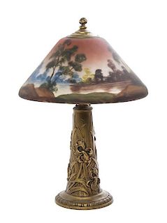 A Classique Art Nouveau Reverse Painted Table Lamp, Height overall 23 inches.