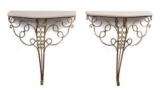 A Pair of Art Deco Gilt Metal Console Tables, Height 36 x width 33 x depth 12 inches.