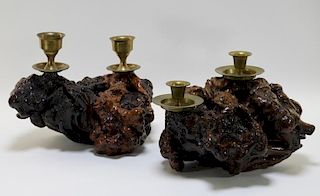 PR Japanese Lacquered Root Candlestick Sculptures