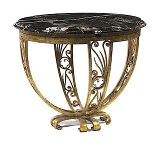 An Art Deco Style Gilt Iron and Marble Occasional Table, Height 31 x diameter 39 1/2 inches.